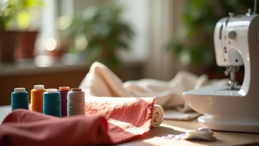 Sewing machine with colorful thread spools and fabric