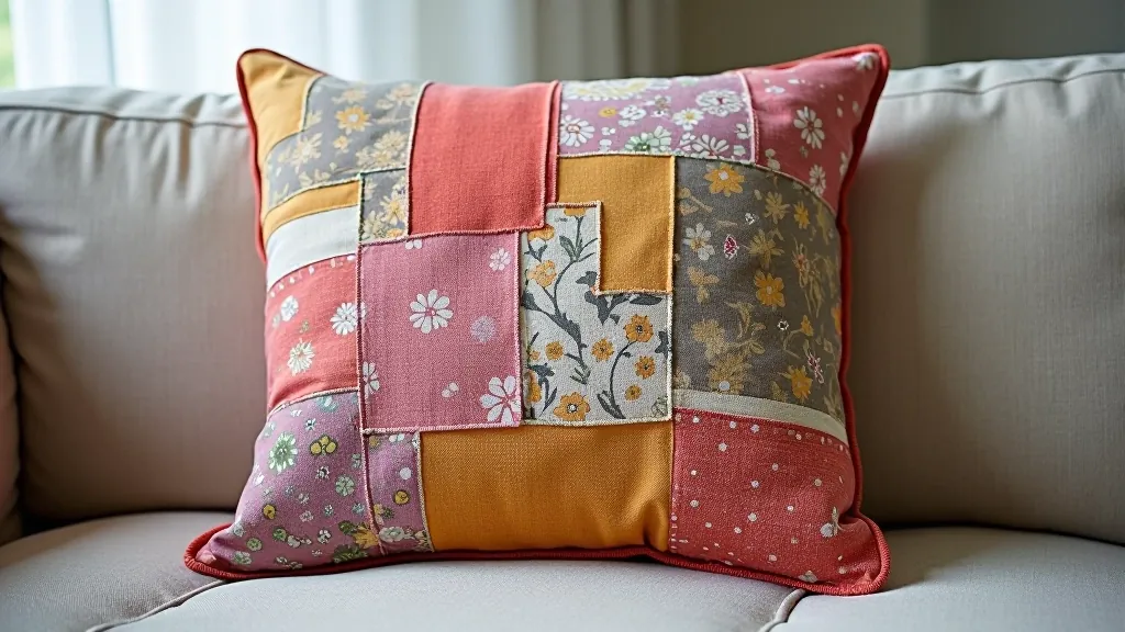 Decorative cushion cover made from patchwork fabric in various earth tones and patterns, displayed on a couch