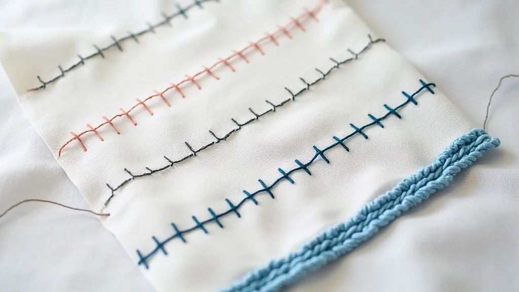 Different stitch patterns shown on fabric sample, straight stitch zigzag stitch and other basic stitches visible