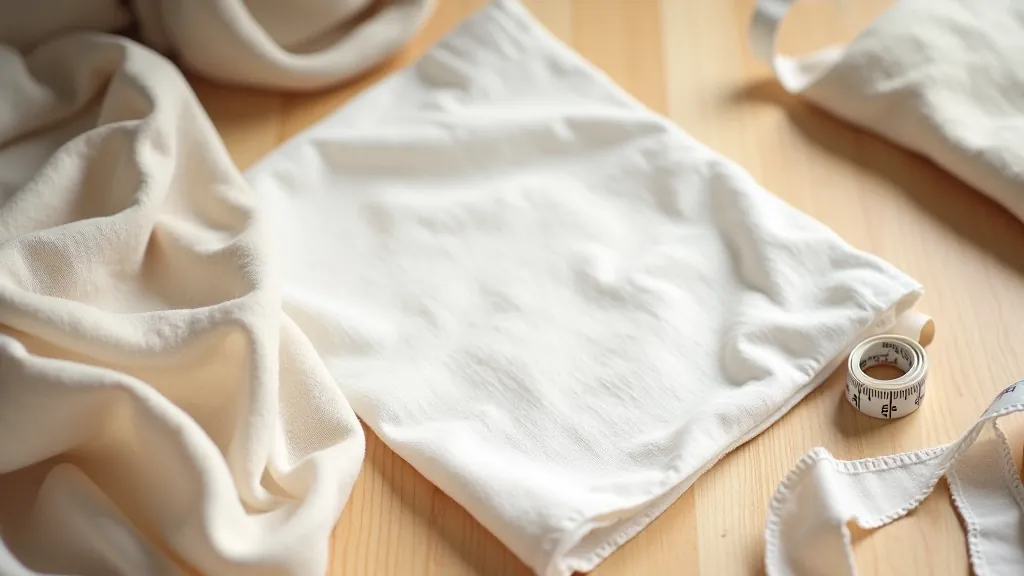Flat lay of folded white and cream linen fabric on wooden table with measuring tape and scissors nearby, craft workspace setup