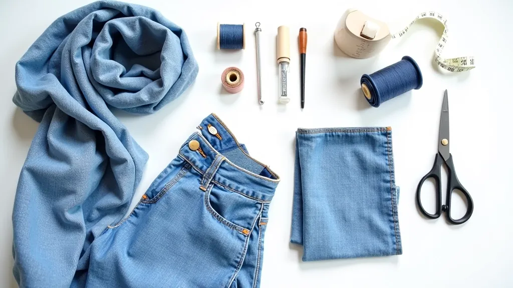 Old denim jeans being transformed into a tote bag on a sewing table