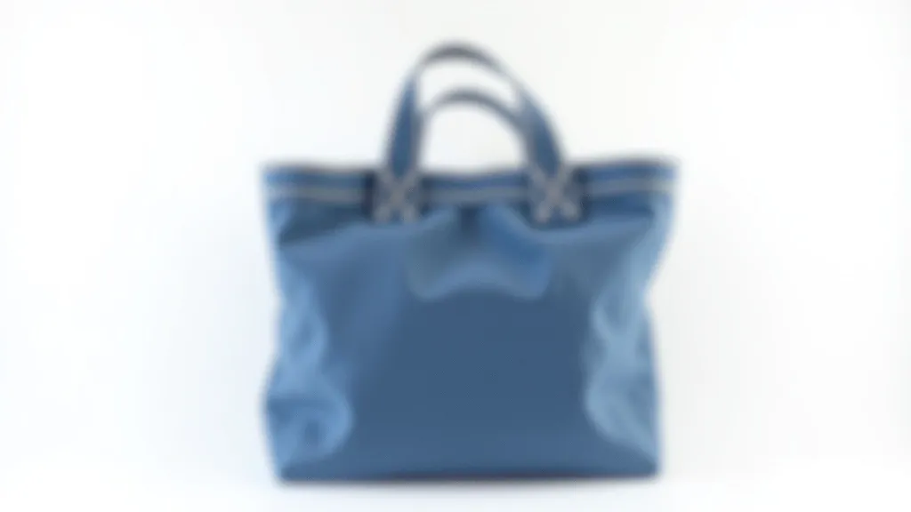 Finished denim tote bag sitting on a light surface, showing the completed project with visible handles and sturdy construction