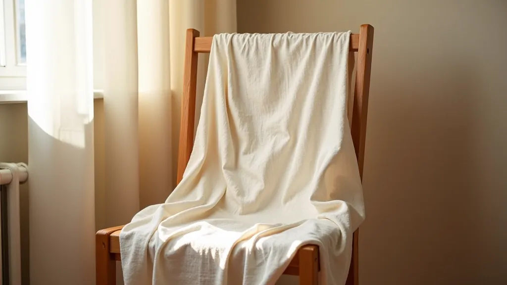 Finished handmade textile project draped on wooden chair in sunlit room