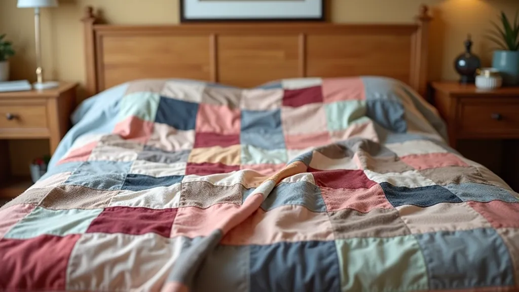 Colorful patchwork blanket spread across a bed, made from different colored fabric squares sewn together
