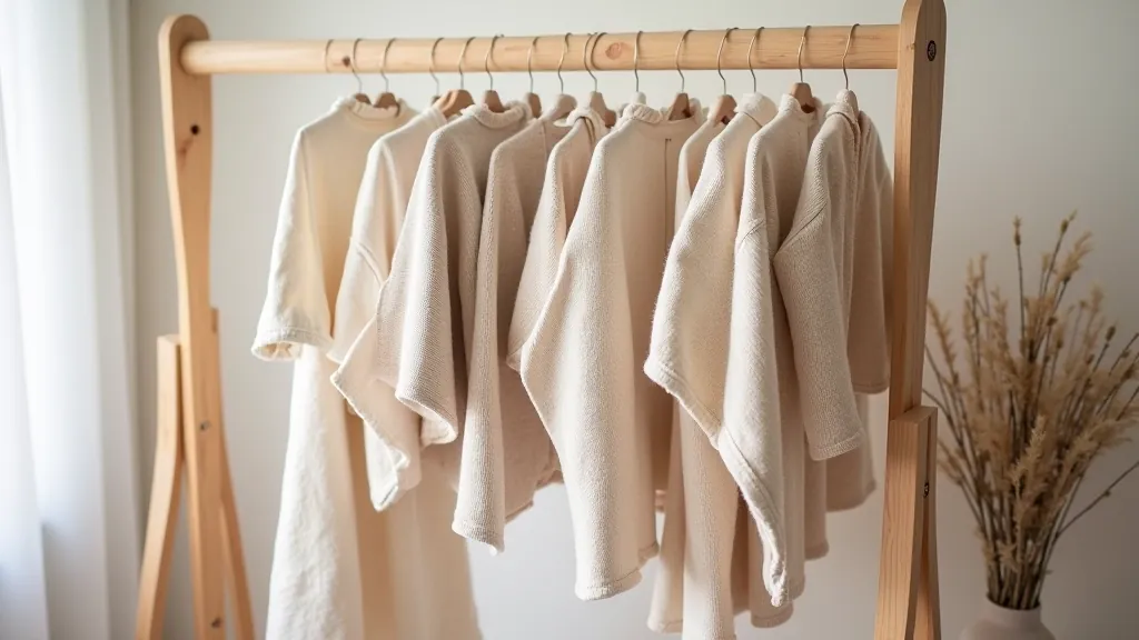 Finished textile projects displayed on wooden rack after workshop completion