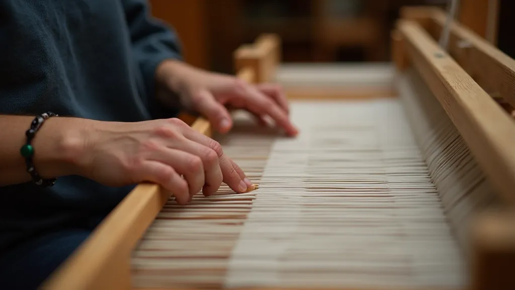 Hands of a weaver working at a traditional wooden loom with white linen threads, showing the weaving process in action