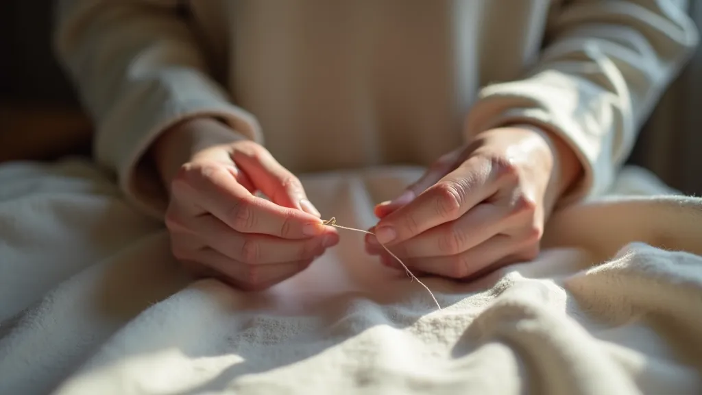 Hands threading needle through fabric in natural studio light