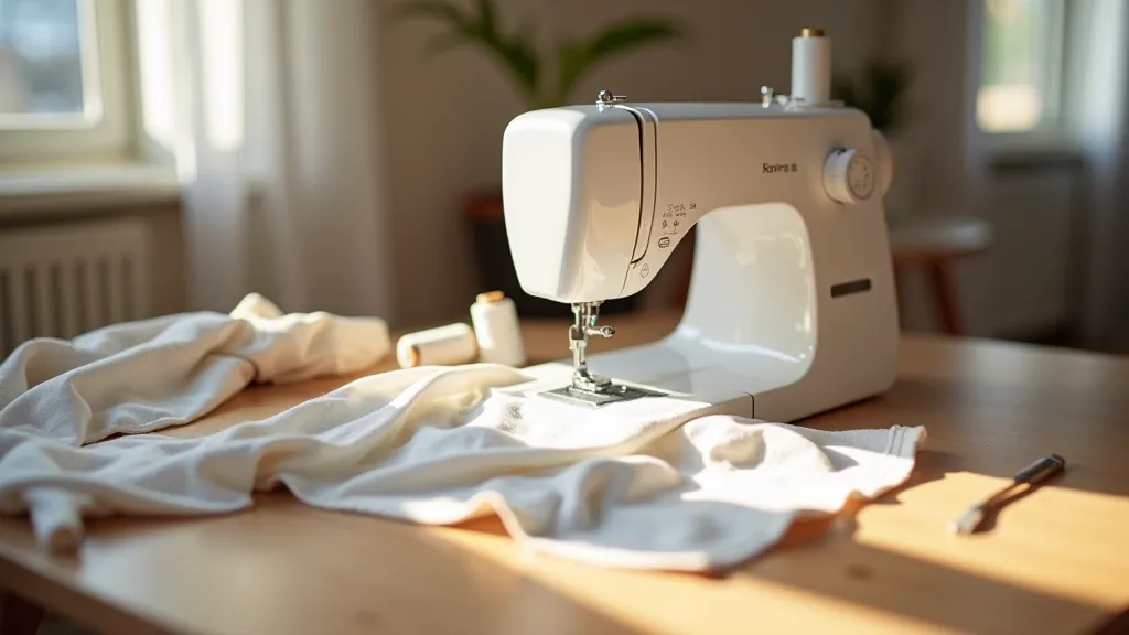 Beginner sewing machine with thread and needle ready for practice on fabric