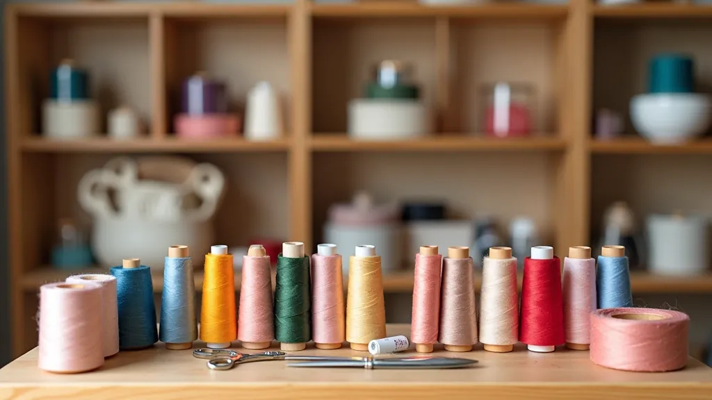 Neatly organized sewing supplies and spools of thread on a white shelf