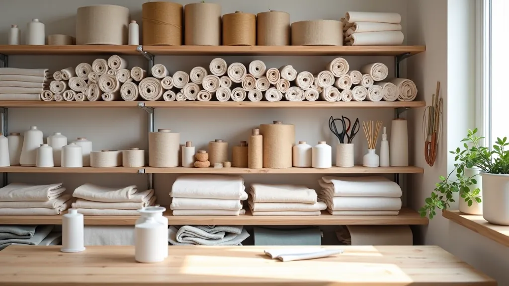 Workshop supplies neatly organized on shelves including fabrics and sewing tools