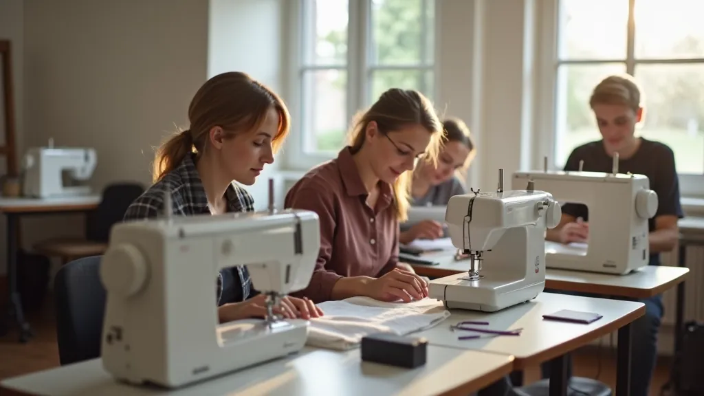 Group of adults in sewing class working at individual stations with fabric and machines