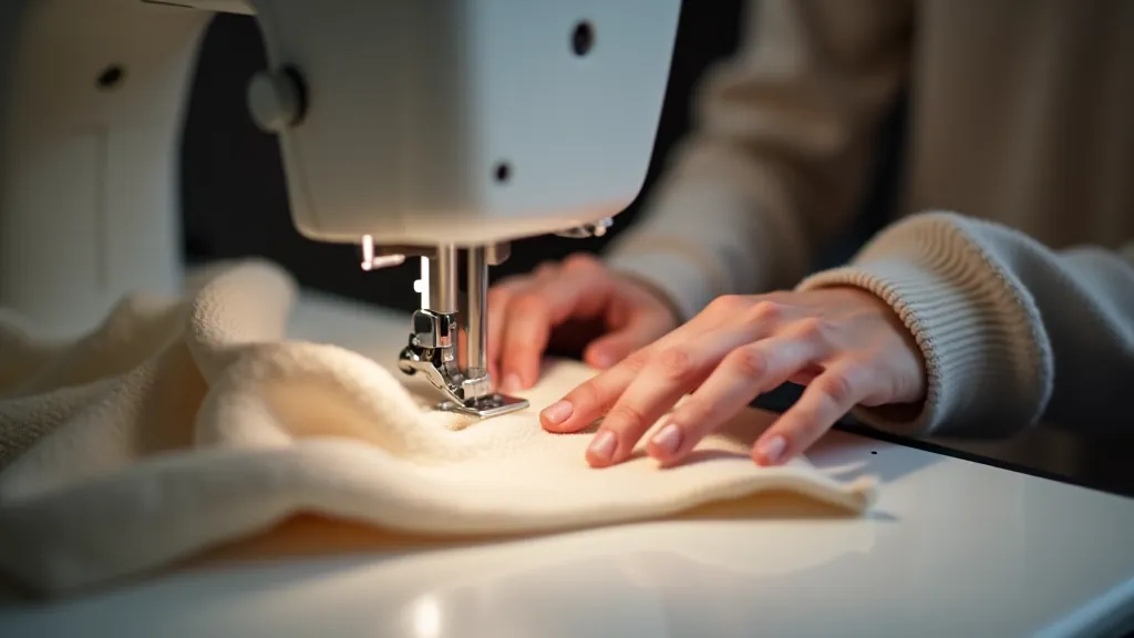 Close-up of hands guiding fabric through sewing machine with instructor assisting