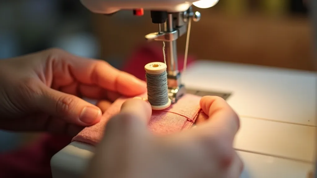 Bobbin being wound on sewing machine bobbin winder, thread being transferred from spool to bobbin