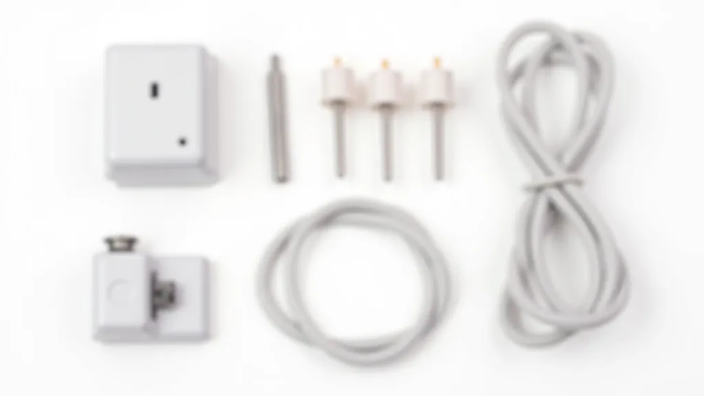 Sewing machine components laid out, including presser feet, bobbins, and needles organized on white surface