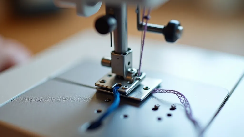 Close-up view of sewing machine threading path with colored guides showing thread path from spool to needle