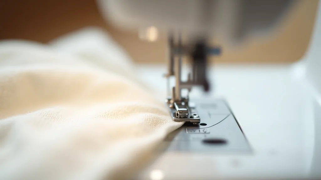 Close-up of sewing machine needle threading into light-colored linen fabric with presser foot lowered, ready for stitching