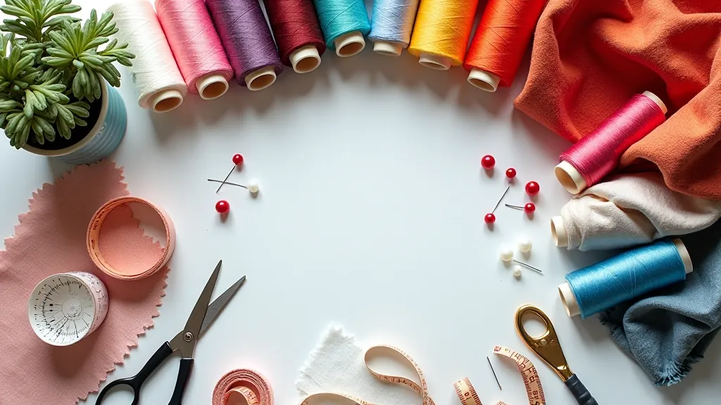 Workshop supplies laid out including thread colors, scissors, measuring tape, and fabric swatches