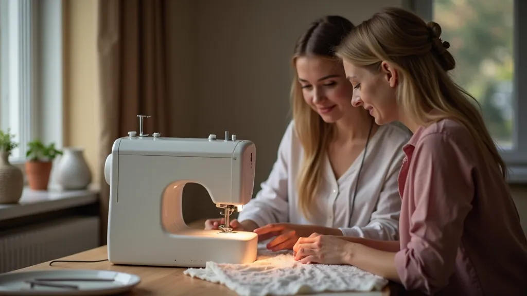 Close-up of instructor showing student proper stitching technique on sewing machine