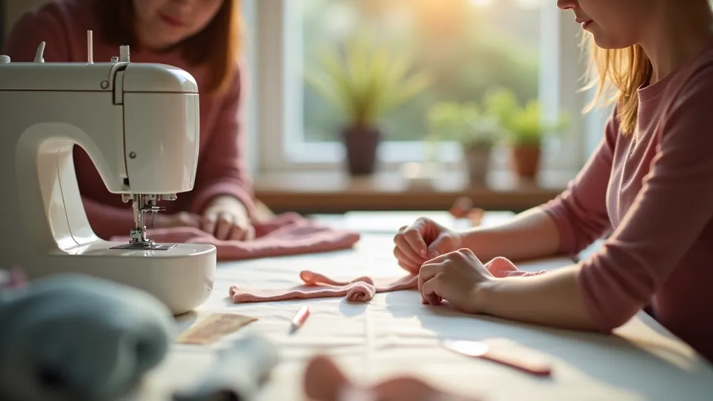 Group of people at sewing workshop table working on fabric projects together